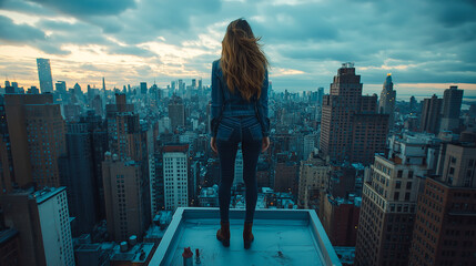 Back view of a girl standing on a skyscraper rooftop, overlooking a sprawling city skyline of towering buildings. She embodies freedom, curiosity, and the thrill of city life.
