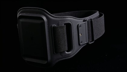 Fitness armband for phone on sleek black background with copy space