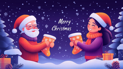 Grandparents holding holiday stockings with "Merry Christmas" on a purple background in cursive white.