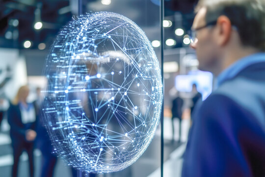 Bustling tech conference, with industry leaders, innovators, and enthusiasts gathering to discuss the latest trends and breakthroughs in technology, from artificial intelligence to blockchain