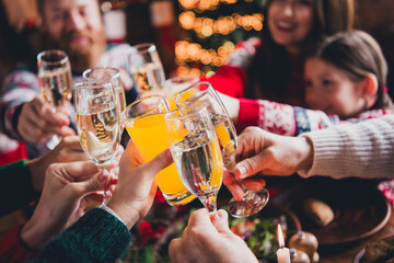 Cropped portrait of big peaceful family clink champagne juice glass festive christmas time together flat indoors
