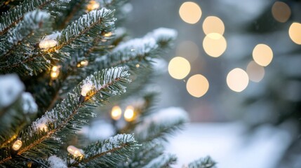 decorated Christmas tree with gleaming ornaments and soft, snow-like accents, illuminated by warm, twinkling lights.