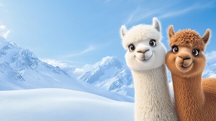 Obraz premium Two cheerful alpacas enjoy a sunny day in a snowy landscape under a clear blue sky