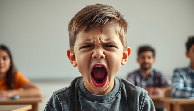 Screaming sad boy with autistic disorder cover ears and scream during development therapy class lesson isolated with white highlights, png