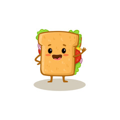 Cute cartoon sandwich isolated on white. Funny Fast food character in flat style for menu, cards and banners. Vector illustration