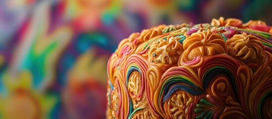 Close-up of a colorful cake with intricate details.