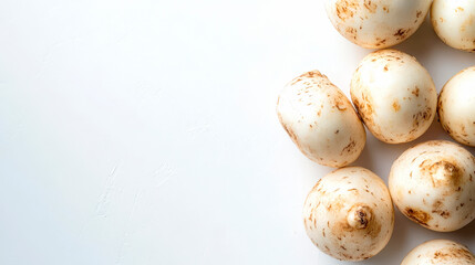 Obraz premium Several jicama tubers are displayed on a white surface, emphasizing their round shape and speckled skin. This vibrant and crunchy root vegetable is ready for culinary use