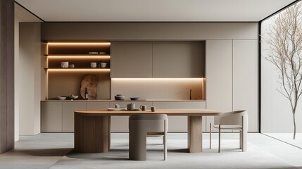 Minimalist Dining Room with Wooden Table and Beige Chairs