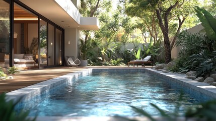 Modern home with a private pool and lush tropical landscaping.