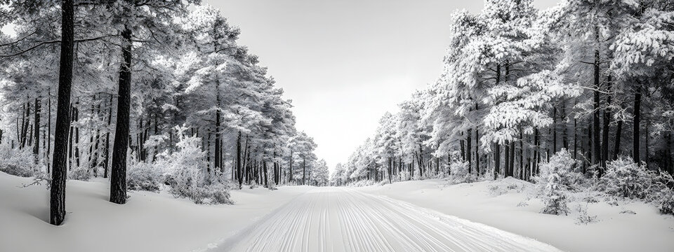 A snowy road in the woods with trees covered in dense white snow and a clear sky. Winter forest landscape. Concept of a winter walk in the forest.