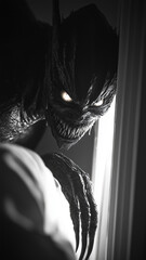 A shadowy creature lurks in the dimly lit child's bedroom at night