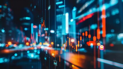 Stock market data overlay with urban cityscape background
