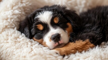 A Bernese Mountain Dog puppy sleeps peacefully in a cozy bed.