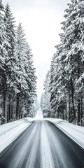 Fototapeta premium A snowy road in the woods with trees covered in dense white snow and a clear sky. Winter forest landscape. Concept of a winter walk in the forest.
