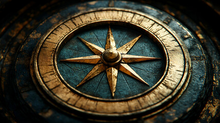 Fototapeta premium A detailed antique compass with a bronze finish, showcasing intricate designs and a blue background, symbolizing navigation and exploration.