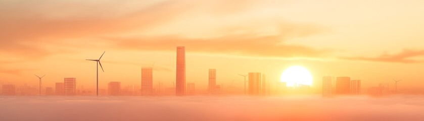 A stunning view of a city skyline at sunrise with wind turbines and a warm glow.