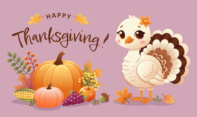 Charming Thanksgiving greeting card featuring a cute turkey with pumpkins, fall leaves, autumn fruit and vegetables 