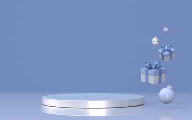 3D minimal silver blue stand with glossy Christmas balls and gift boxes for showcasing products on winter holidays