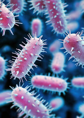 Obraz premium Virus or bacteria microbe under microscope, scientific illustration looks like colorized SEM image. Generative AI