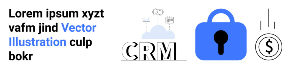 CRM text with cloud and graph icons, blue lock, and falling currency symbol reflect business operations, security, and financial growth. Ideal for business tools, cyber security, finance management