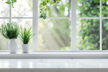 Fototapeta premium White desk with window view and green plant decor.