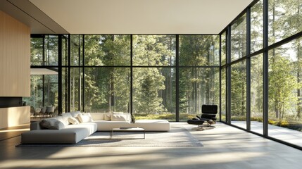 Bright modern living room with forest view and minimalist decor