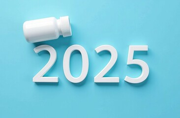 2025 Merry Christmas. White Year Numbers with Medicine Bottle on Blue Background.