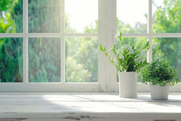Desk with green plant and spring view through window.