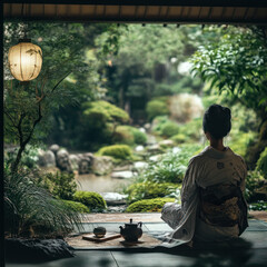 A serene and tranquil photo capturing the essence of a Japanese tea ceremony in a lush garden