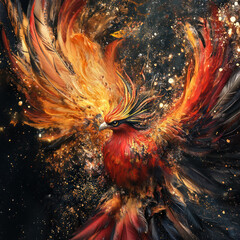 mythical phoenix emerging from the ashes, with vibrant and intricate feathers