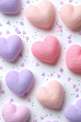 Obraz premium Pink and purple heart-shaped marshmallows on a white background give a romantic and loving feel. This is a vertical image perfect for a Valentine's Day card.