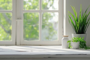 Desk with green plant and spring view through window.