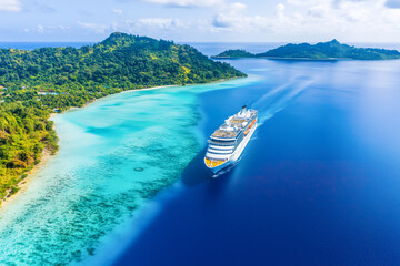 Luxury cruise vacation, with a grand ship sailing through crystal-clear waters, opulent amenities, and exciting excursions to exotic ports of call around the world