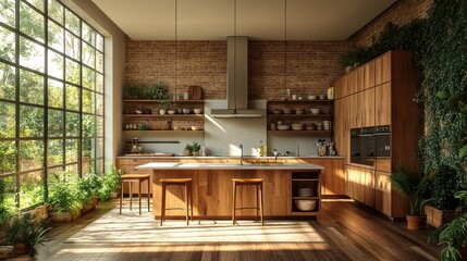 Naklejka premium Modern kitchen with large windows, wood cabinets, and a brick wall.