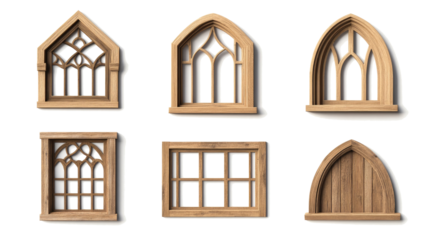 Wooden Windows Collage in Varied Shapes on Transparent Background Generative AI