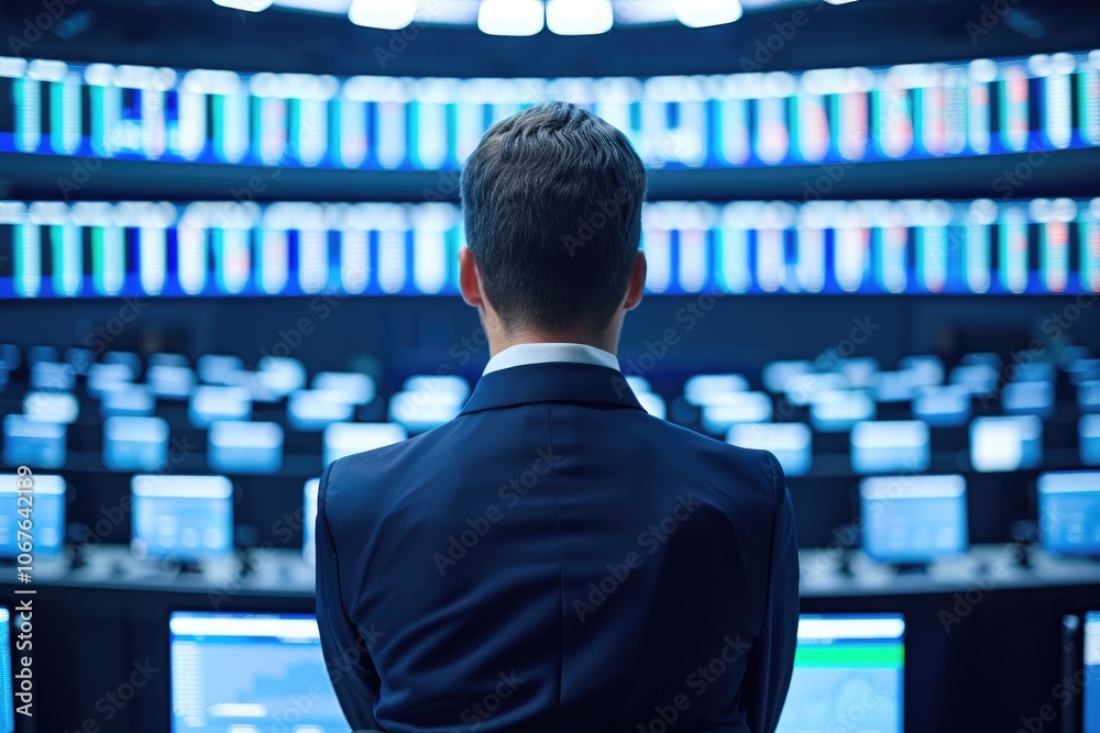 Poster a professional man in a suit observes multiple screens displaying data in a high-tech control room, 
