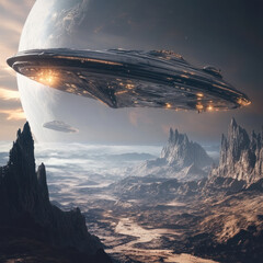 a colossal spaceship hovering effortlessly over an awe-inspiring, alien planet