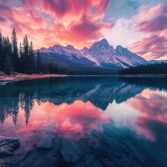 a majestic lake reflecting the colors of a vibrant sunset