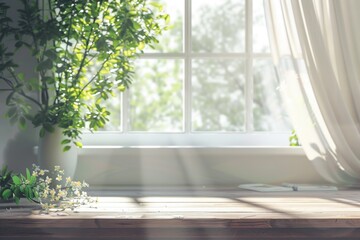 Desk with green plant and spring window  high quality photo.