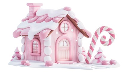A whimsical pink gingerbread house with snowy frosting details and a striped candy cane, perfect for holiday decorations or festive themes.
