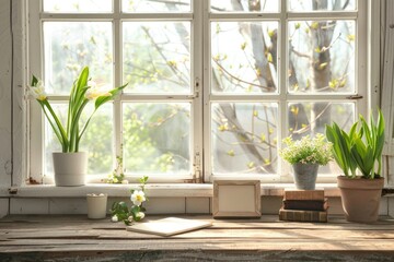Fototapeta premium Desk of free space with old wood display and white window background of spring time.