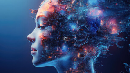 Futuristic Portrait of a Female AI with Digital Interface Elements