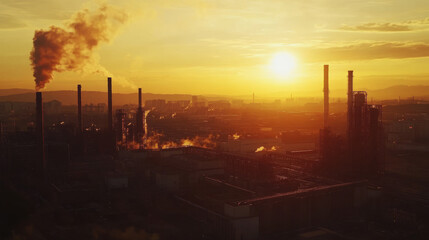 Sunset Industrial Cityscape: Pollution, Power Plant, Refinery, Smokestacks, Silhouette