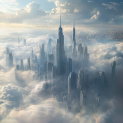 a towering, otherworldly cityscape rising from the clouds, its skyscrapers reaching towards the heavens