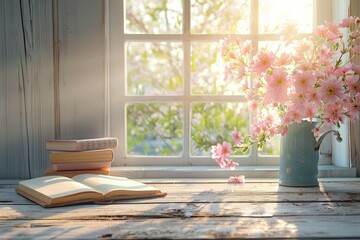 Desk with spring flowers and window background.