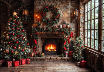 Burning fireplace warming a cozy room with christmas trees, gifts and decorations