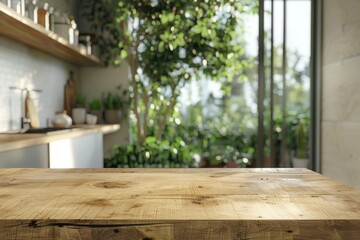 Empty wooden table and modern kitchen background  nature and tree