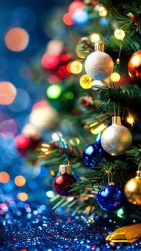 Colorful ornaments and lights adorn a festive tree. AI.