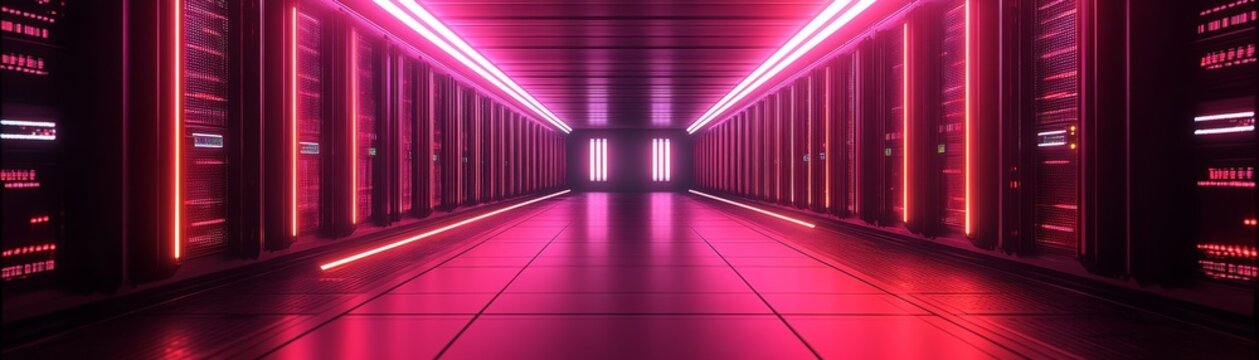 A modern data center illuminated with vibrant neon lights showcasing advanced technology and sleek architecture.