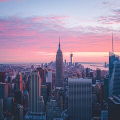 A stunning sunset view over a city skyline featuring iconic skyscrapers.